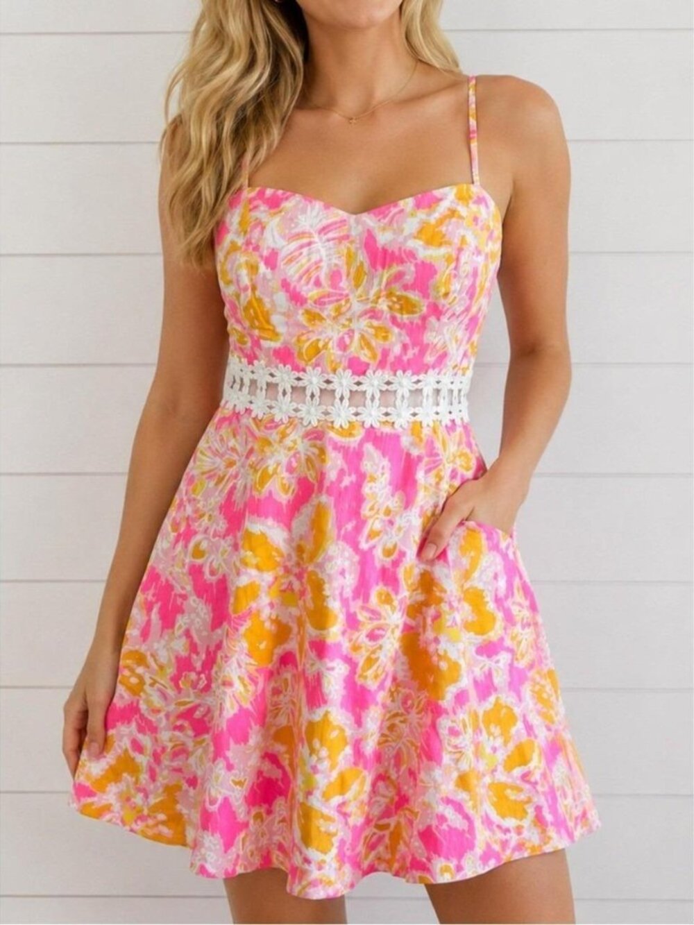 Lilly Pulitzer Vibrant Lenore Lolita Dress Cutout Sunglow Yellow Pink Print 12